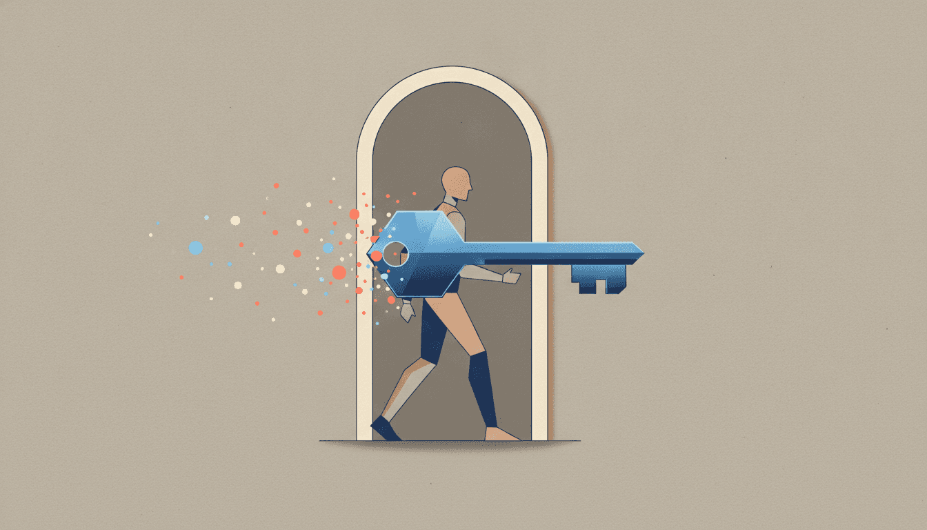 A key dissolving into light as a person steps through an open doorway