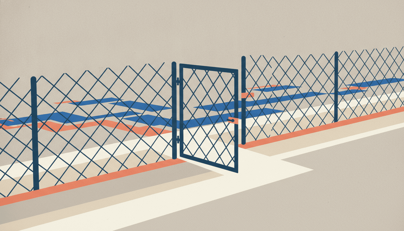 A single gate standing open along a long chain-link fence, light spilling through the gap