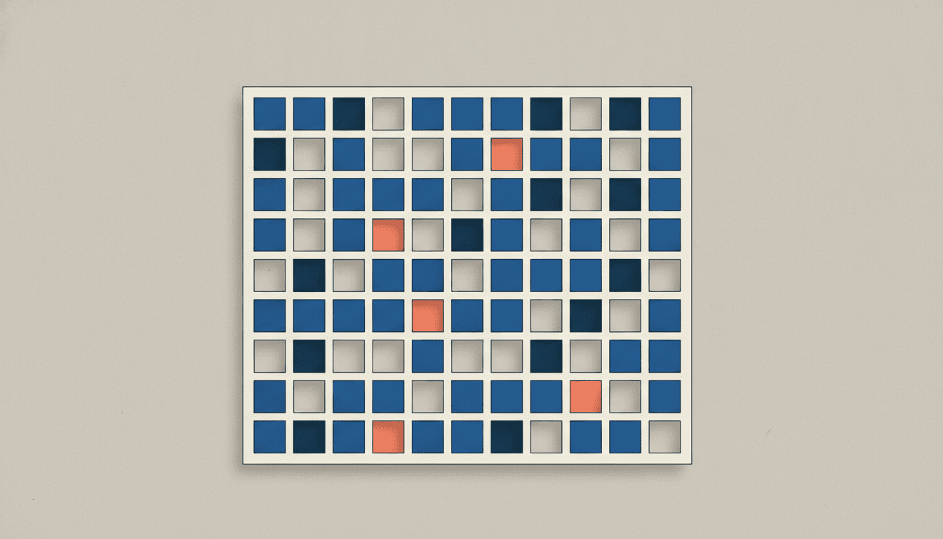 A structured field of small cobalt squares on a marine field with one coral square standing out